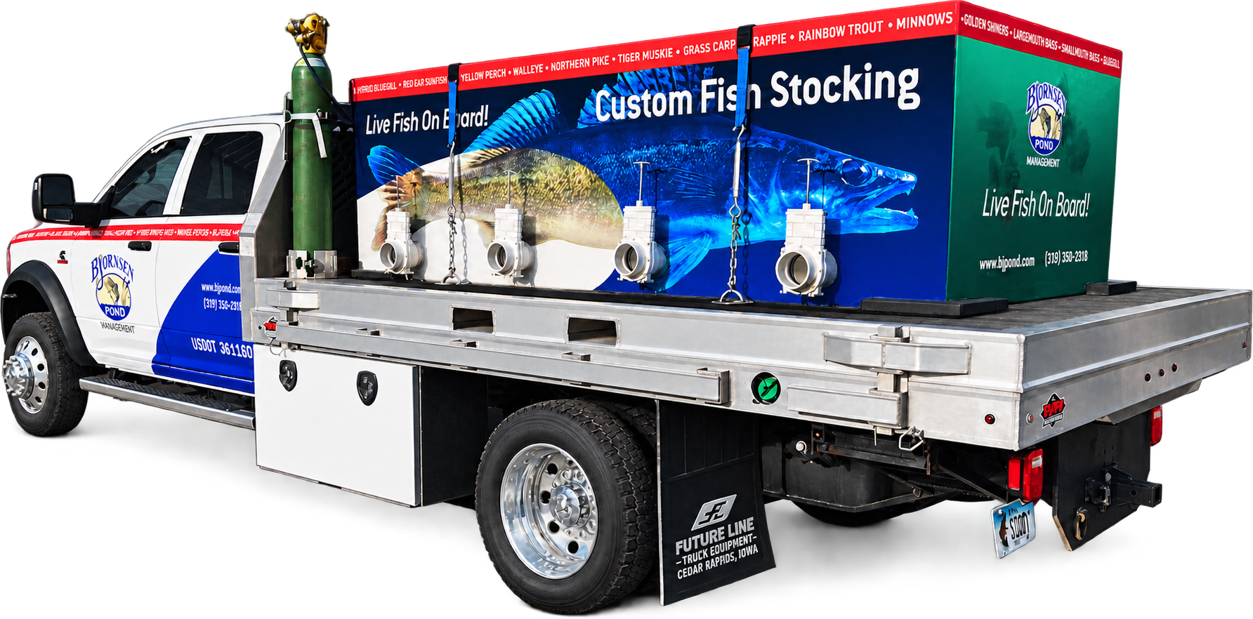 Bjornsen truck delivering fish to restock a pond